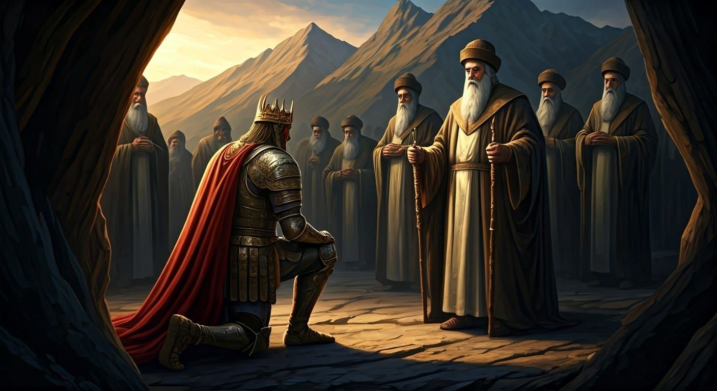 Regal King in Battle Armor Kneels Before Jewish High Priest ...