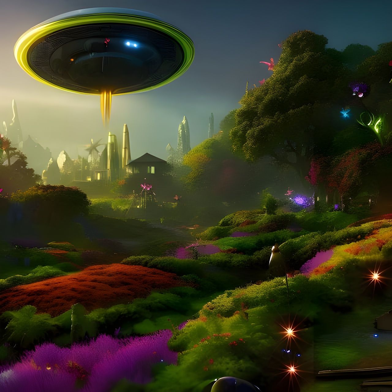 UFO Hovers Over Strange Landscape