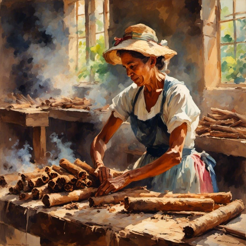 <lora:Impressionist women:1.0> woman making big cigars in co...