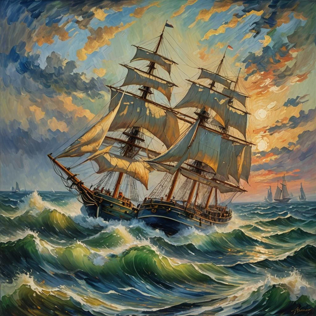 Sailing Ship in Storm, Neo-Impressionist Oil Painting