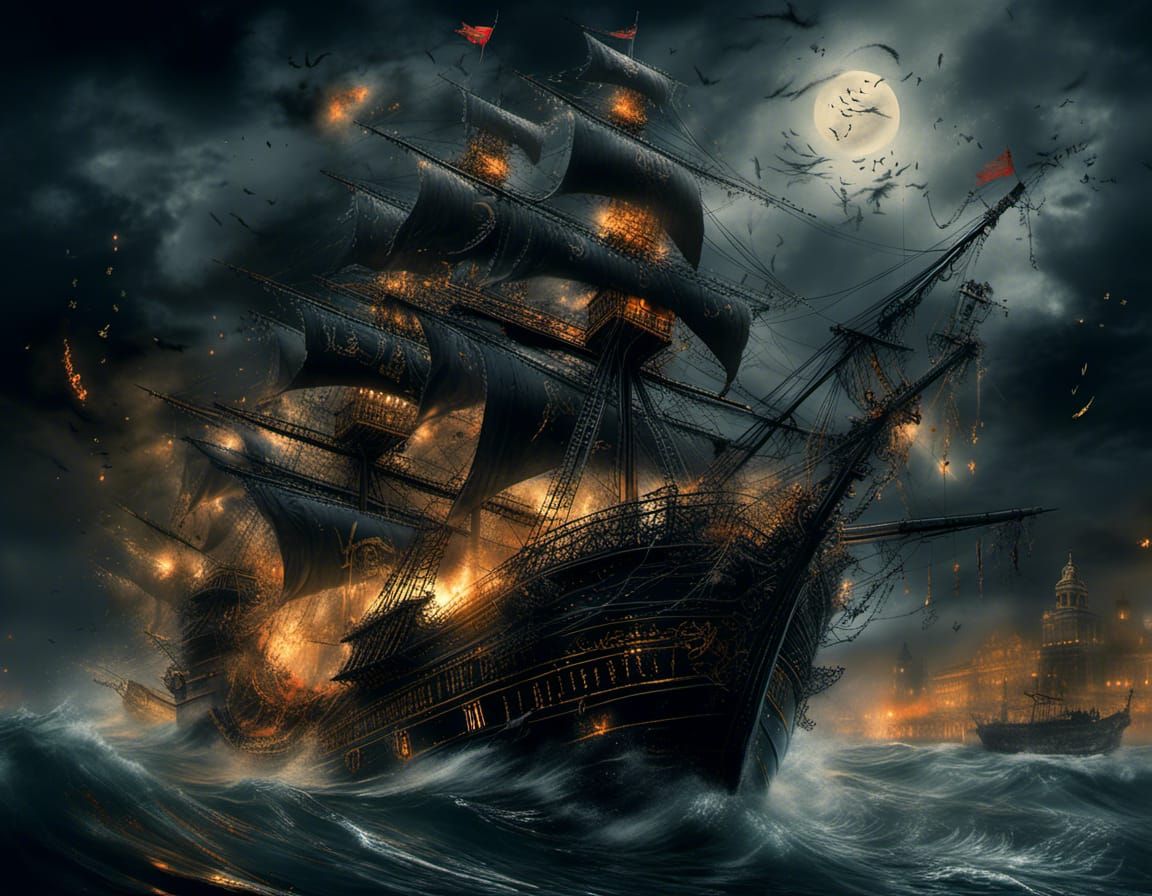 pirate ship in a stormy night - AI Generated Artwork - NightCafe Creator