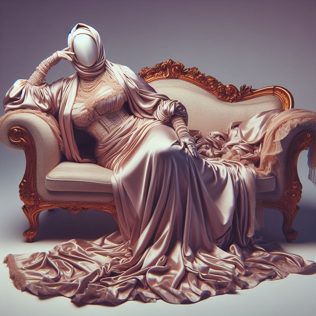 POMPÖÖS Couture. Mature Statuesque Woman Reclining on Satin Chaise Longue Glamorous Intense Headscarf Headscarves Full L...