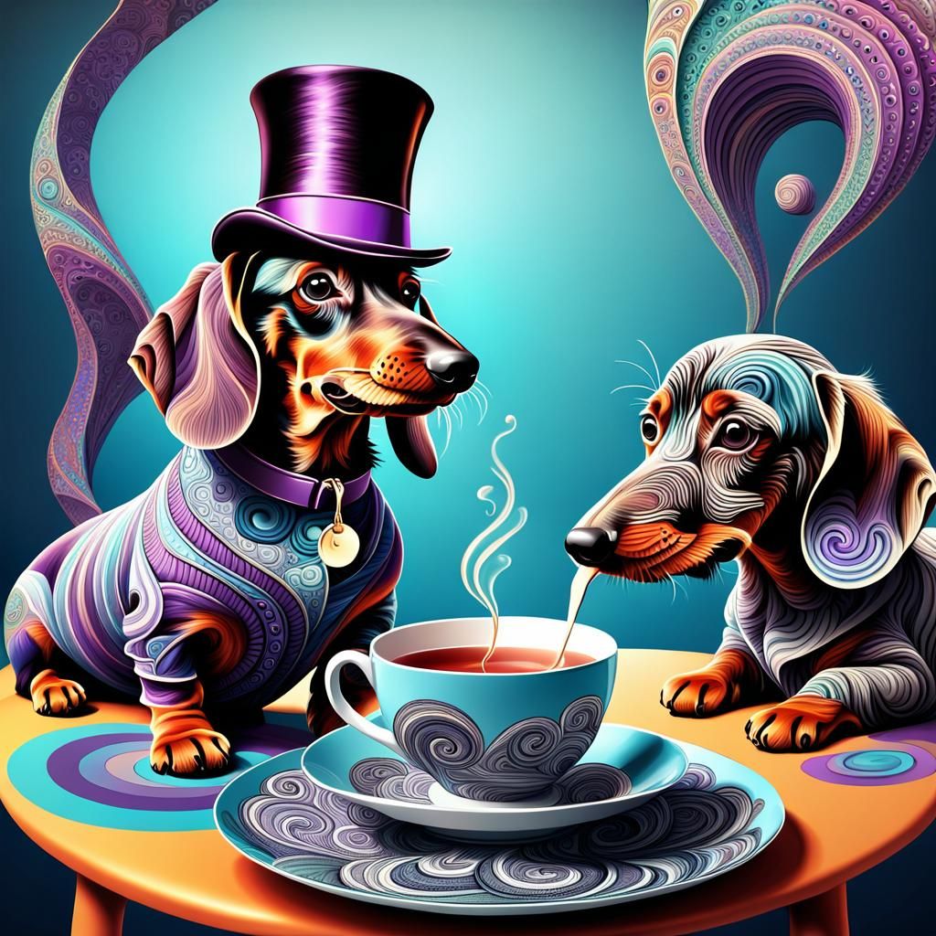 a dachshund having tea with Willy Wonka