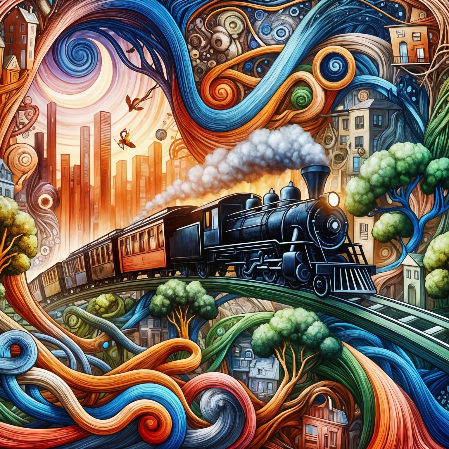 Surreal City Nature Encounter in Whimsical Style