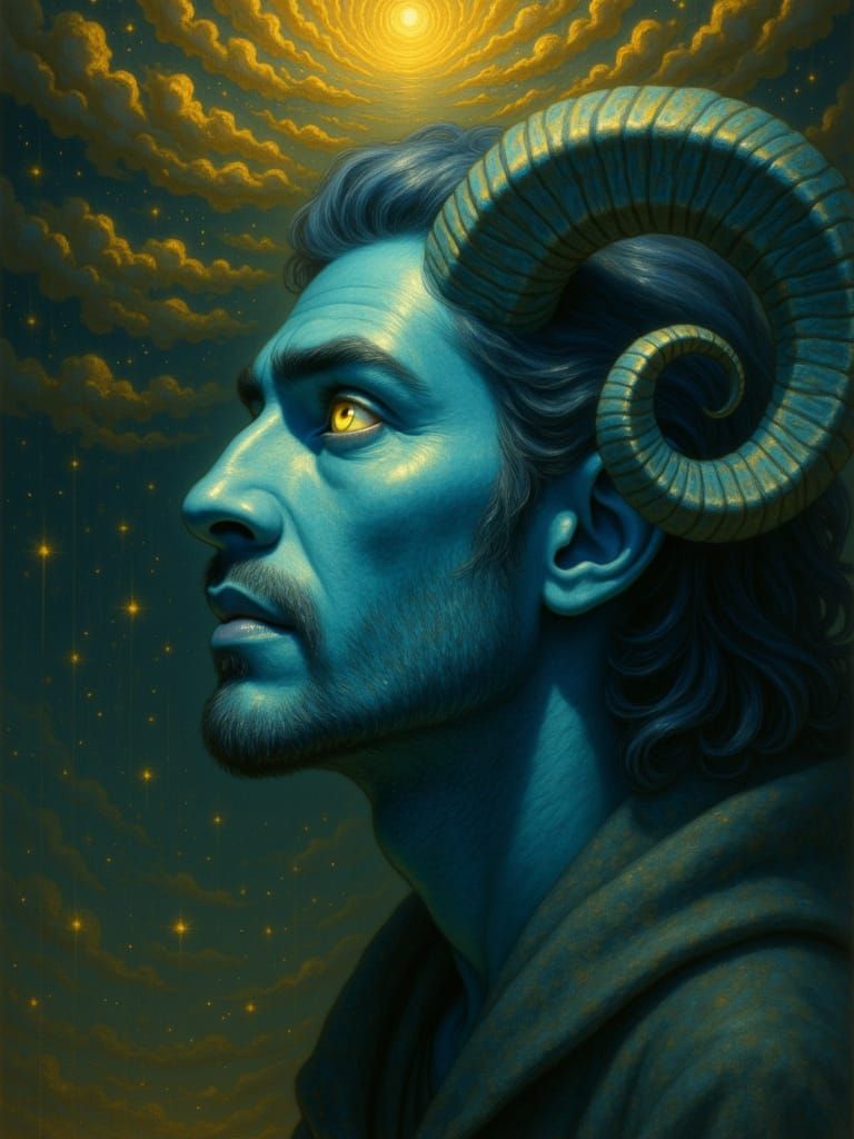 <lora:Ram horns:1.0> A close up of a old man with curled black with irrdesent blue ram horns, glowing teal eyes. he is in profile angle and ...