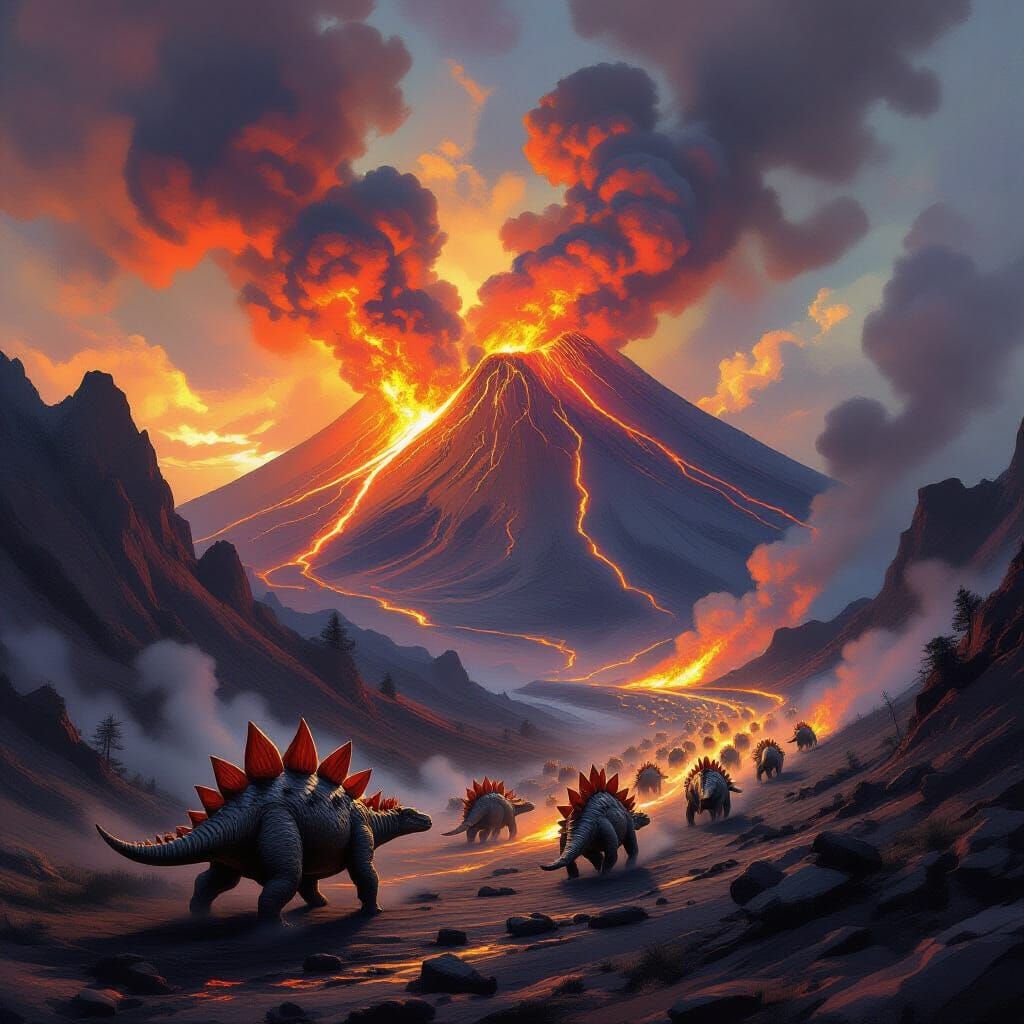 A volcanic eruption during the Jurassic period, with molten lava flowing down the mountainside and smoke ...  by @Tim