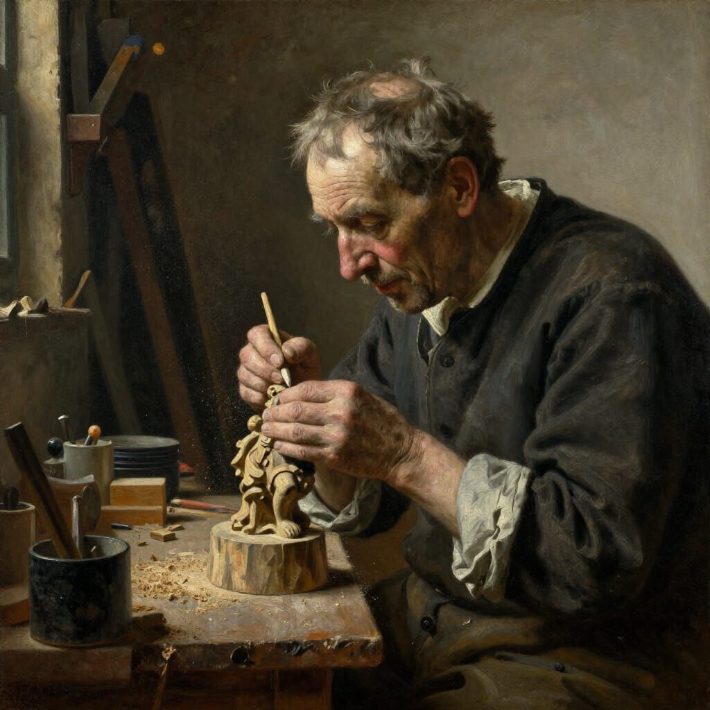 Man absorbed in carving a wooden figure  by @MrMachineElf