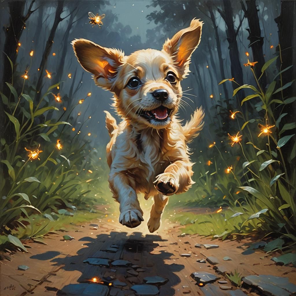 A cute litte puppy with floppy ears running after a firefly  by @Daleone