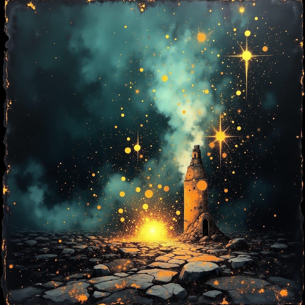 Glowing Crystals Above Whimsical Witch Cottage