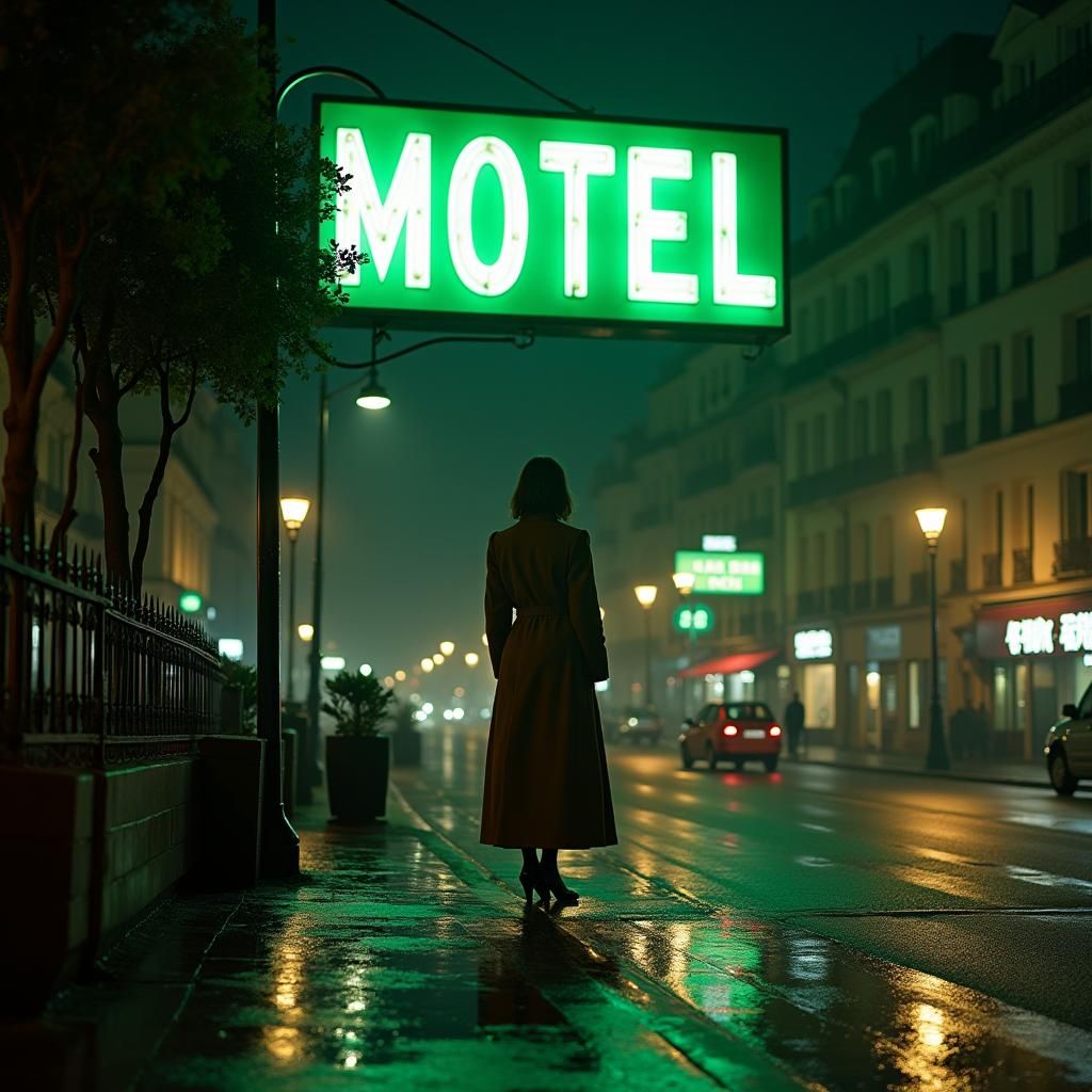 Green light at the motel in the city of lights AI Generated Artwork
