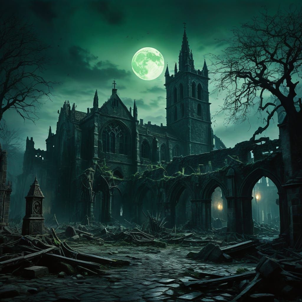 panoramic view of a ruined overgrown bavarian medieval town square at night under a baleful green moon 