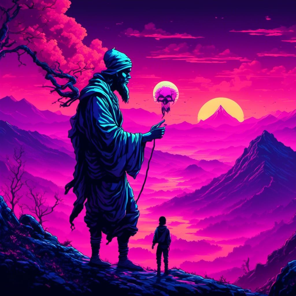 a djinn granting a wish to an individual on a mountain at sunset, synthwave, neon, 80's horror, intricately detailed, high resolution, dynam...