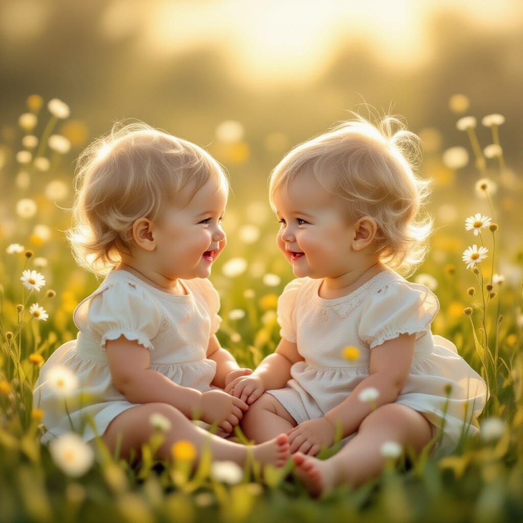 Two Blonde Babies Smiling in Sun-Drenched Meadow Oil Paintin...