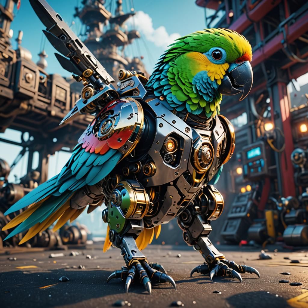 Colorful (Cyborg robot parakeet pirate 1:3), intricate mech ...
