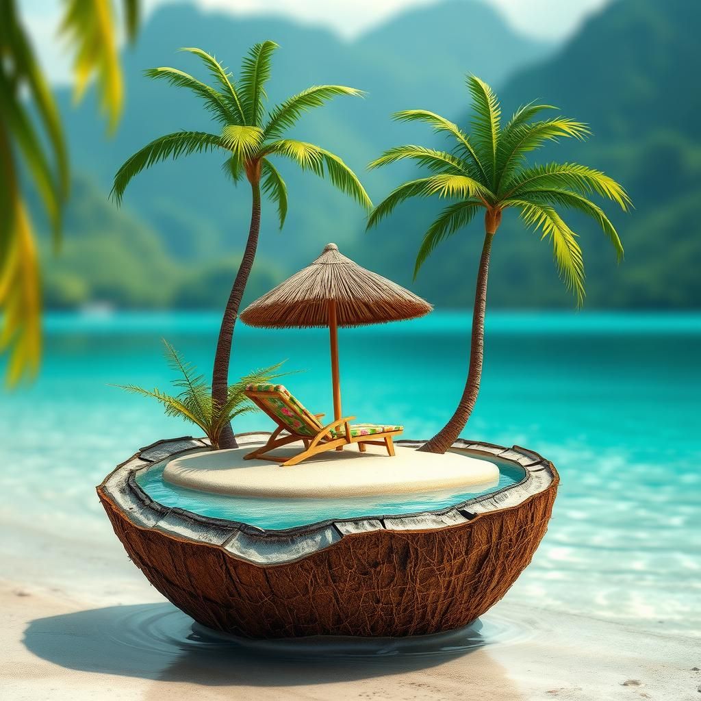 The image portrays a miniature tropical island contained within half of a cracked coconut. The coconut ...  by @Chop