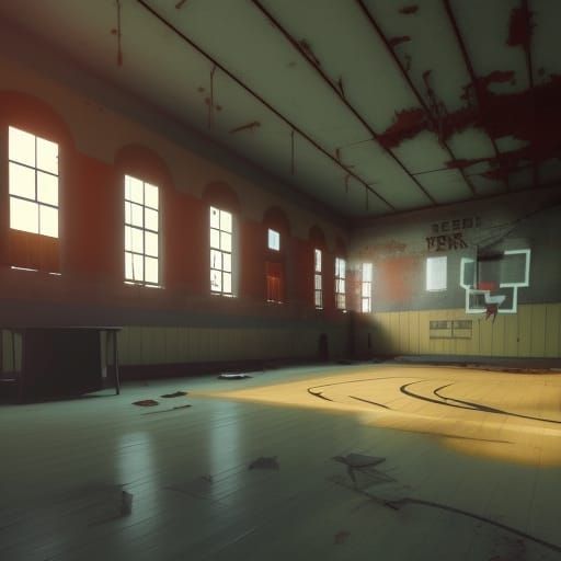 Creepy abandoned school gym at nighttime . 3D Game Cinematic...