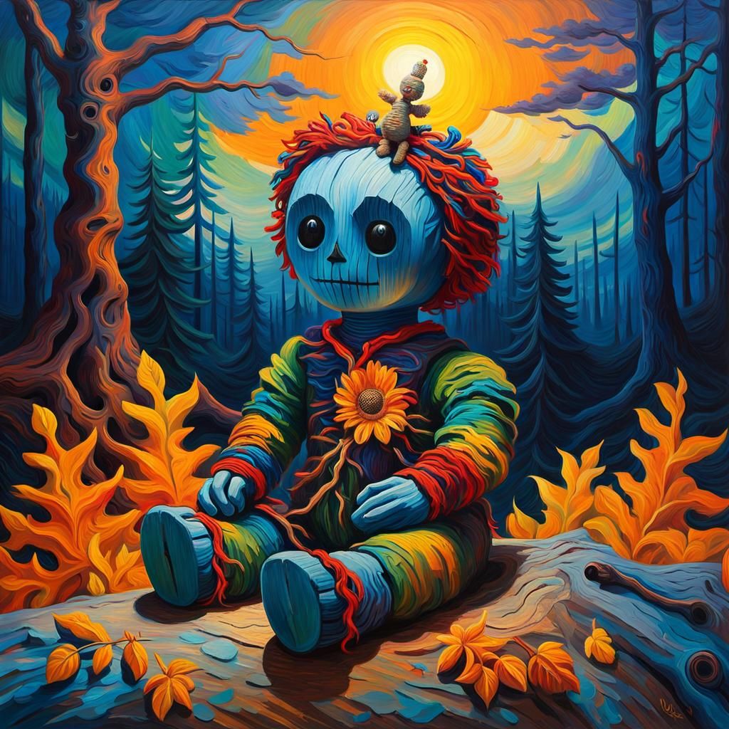  rag voodoo doll ,panorama , van gogh style, ,impressionism, oil painting 