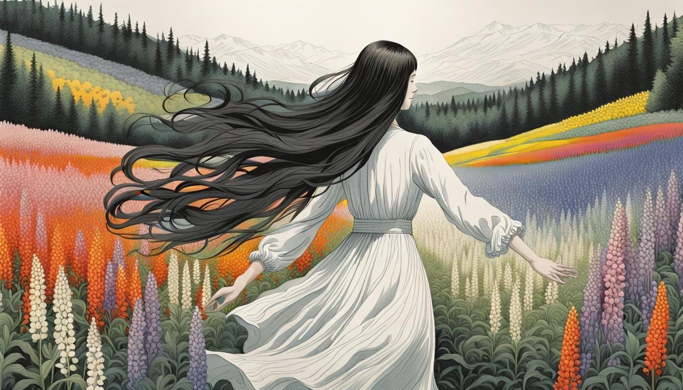 woman with long hair in motion in white and black, happy in ...