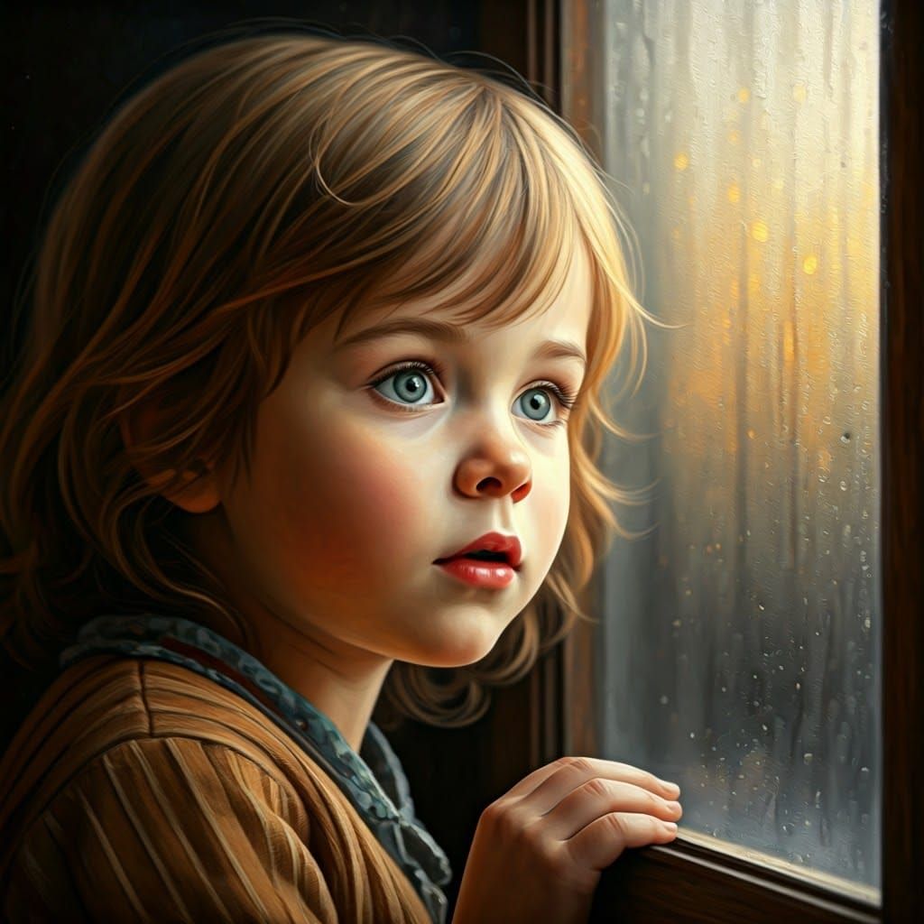 Child Gazing Out of a Misty Window in Warm Impressionist Sty...