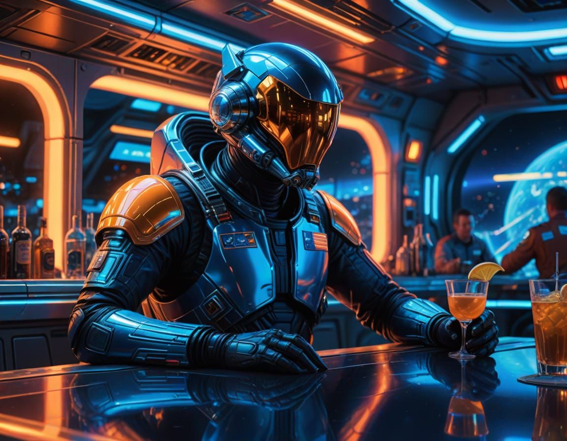 Zanarian space pilot sits at a bar on a space station. 