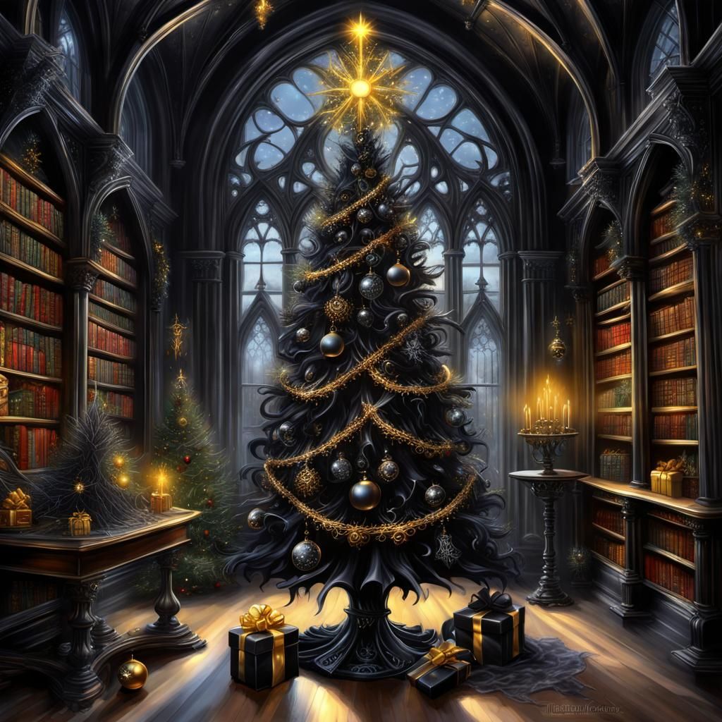 Gothic Christmas tree in the library AI Generated Artwork NightCafe