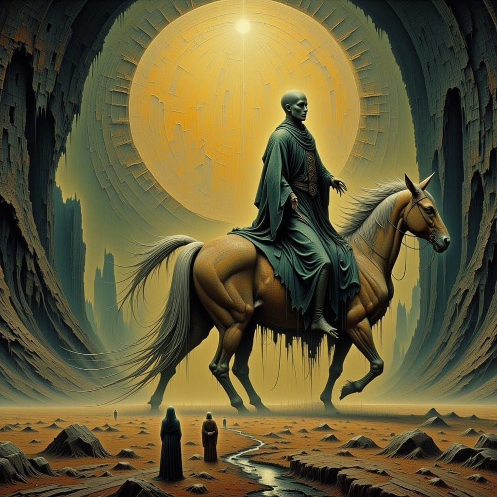 <lora:BEAST RIDER:1.0> <lora:Beksinski Flux:1.0> <lora:Zdzislaw Flux:1.0>"In the Year 2525"