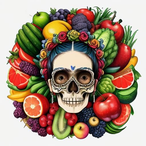 Still Life painting of Frida Kahlo skull with fruit, vegetab...