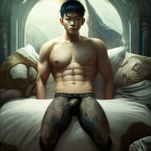 adolescent male asian, muscular, lying in bed, very detailed...