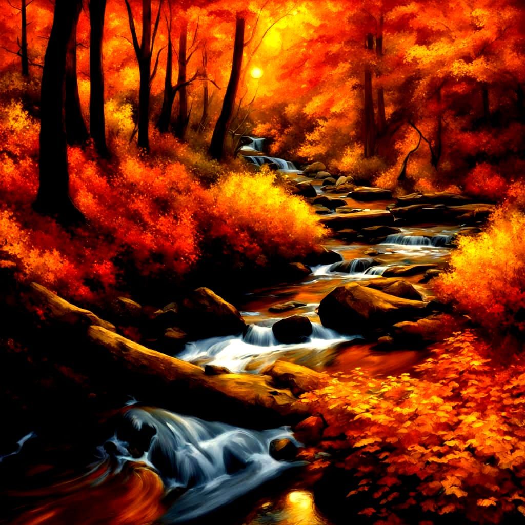 Vibrant Autumn Trees Along Winding Stream