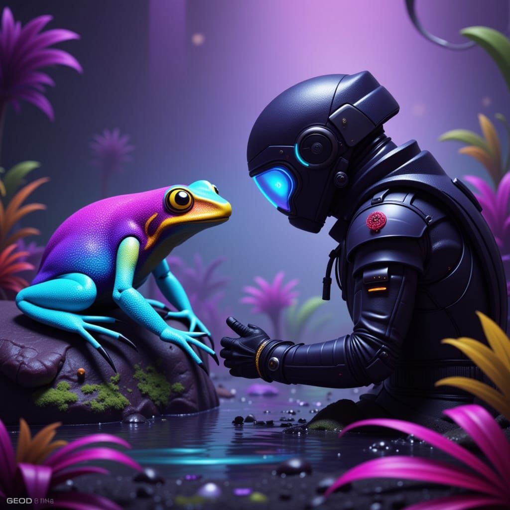 A bioluminescent alien poison dart frog, with iridescent skin and glowing, multifaceted eyes, observes a human space trooper who is explorin...