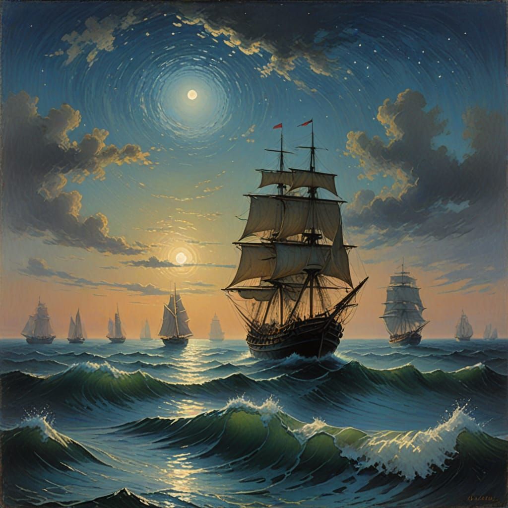 Impressionist Nocturne Scene with Vibrant Boats Under a Star...