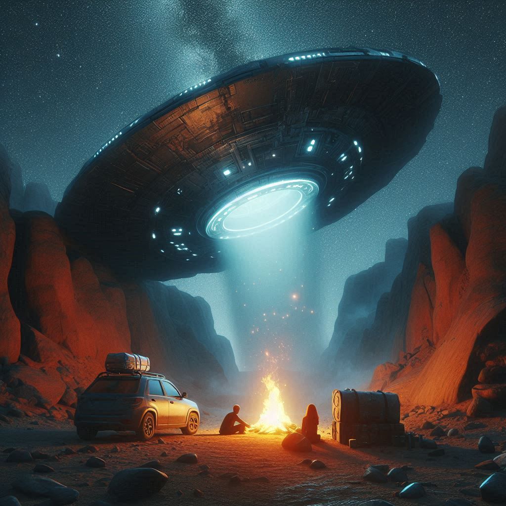 Unexpected crashed ufo saucer in canyon of camp scene