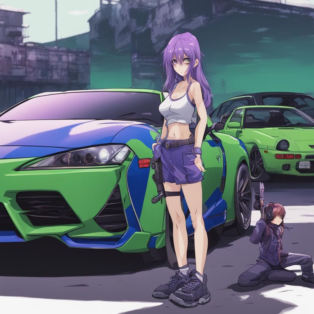 anime girl with a m-16 right next to a green and blue toyota supra mk4 and a purple lambo