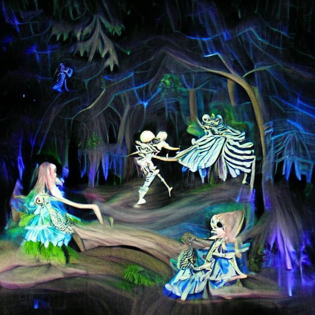 Skeleton dances with a fairy in an enchanted forest at night