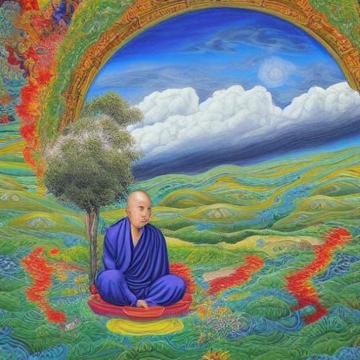 Buddhist Monk in Vibrant Surrealist Landscape