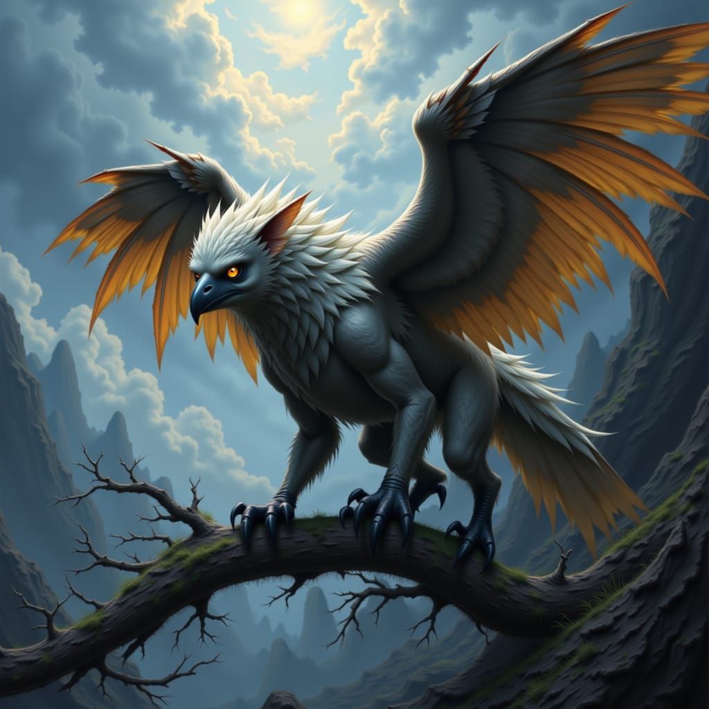 Split image. A fantasy creature shown in both peaceful and fierce forms. On one side, a majestic griffin with soft feathers and gentle eyes,...