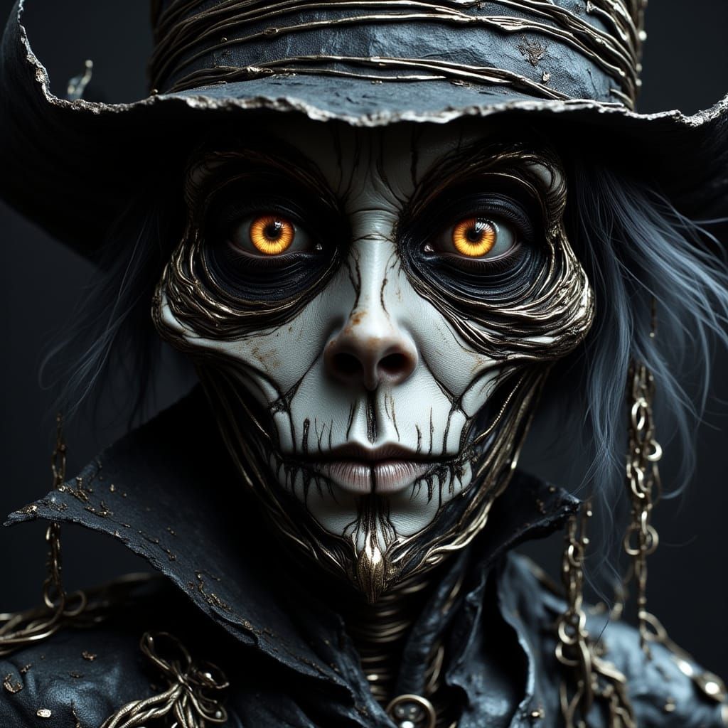 <lora:Marionette-Flux:1.0> <lora:Ornate:1.0> <lora:-Lunatic-:1.0> <lora:LapiCoherent:1.0> Sinister female mad hatter from Alice in wonderlan...