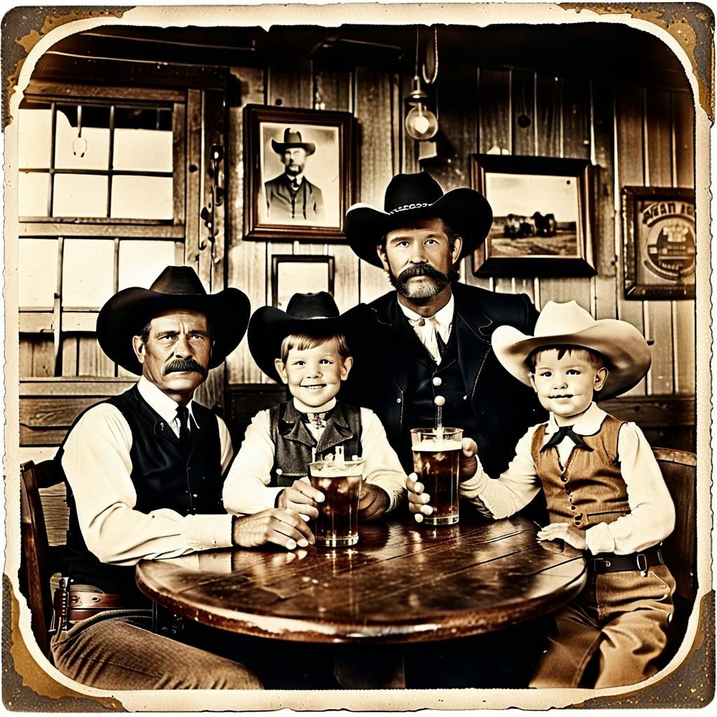 Sheriff Texas Ranger and family drinking at saloon in Far West Vintage instant photography   by @KrystofM75