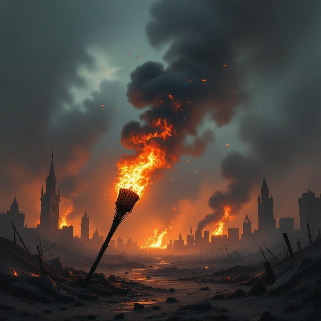 Flaming Torch Devours City in Gothic Fantasy Art