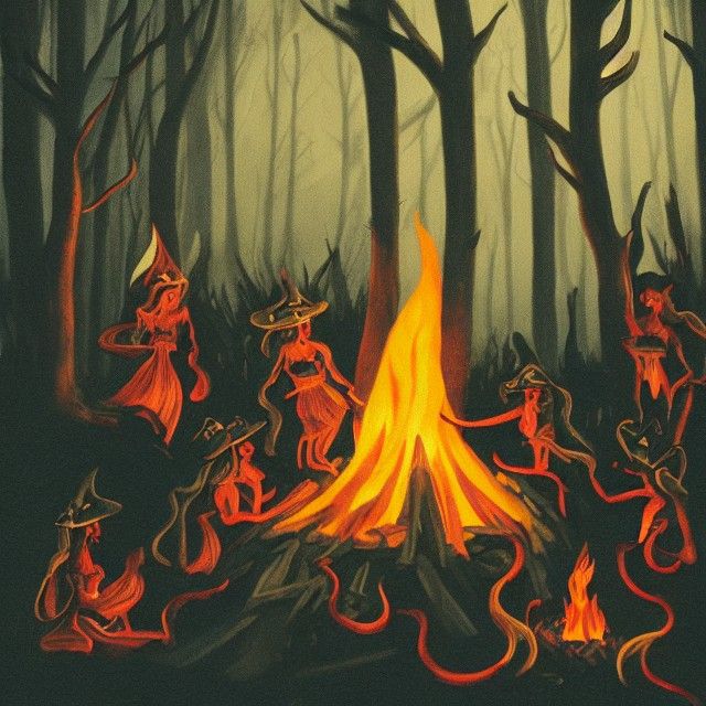 Witches dance around a fire in the dark forest