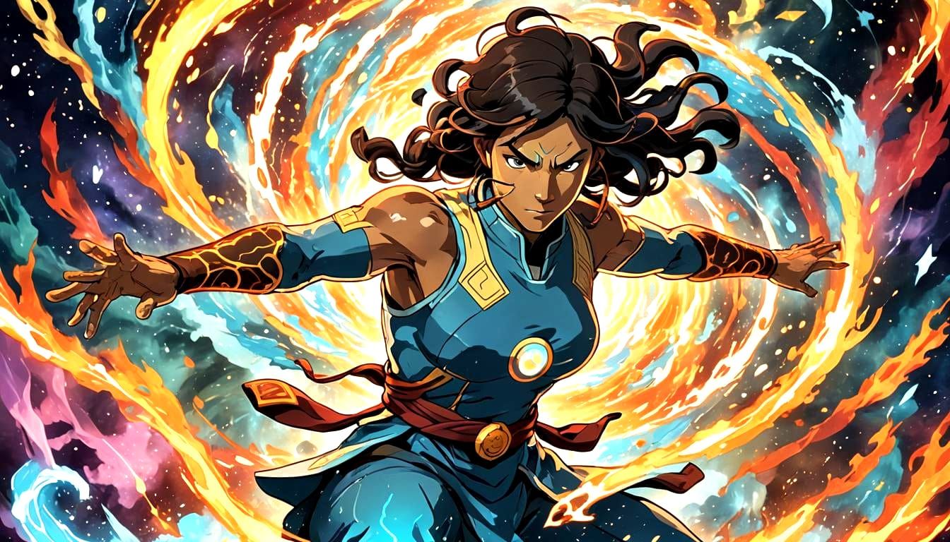 Legend of Korra in the avatar state surrounded by all elements earth fire air water and lightning