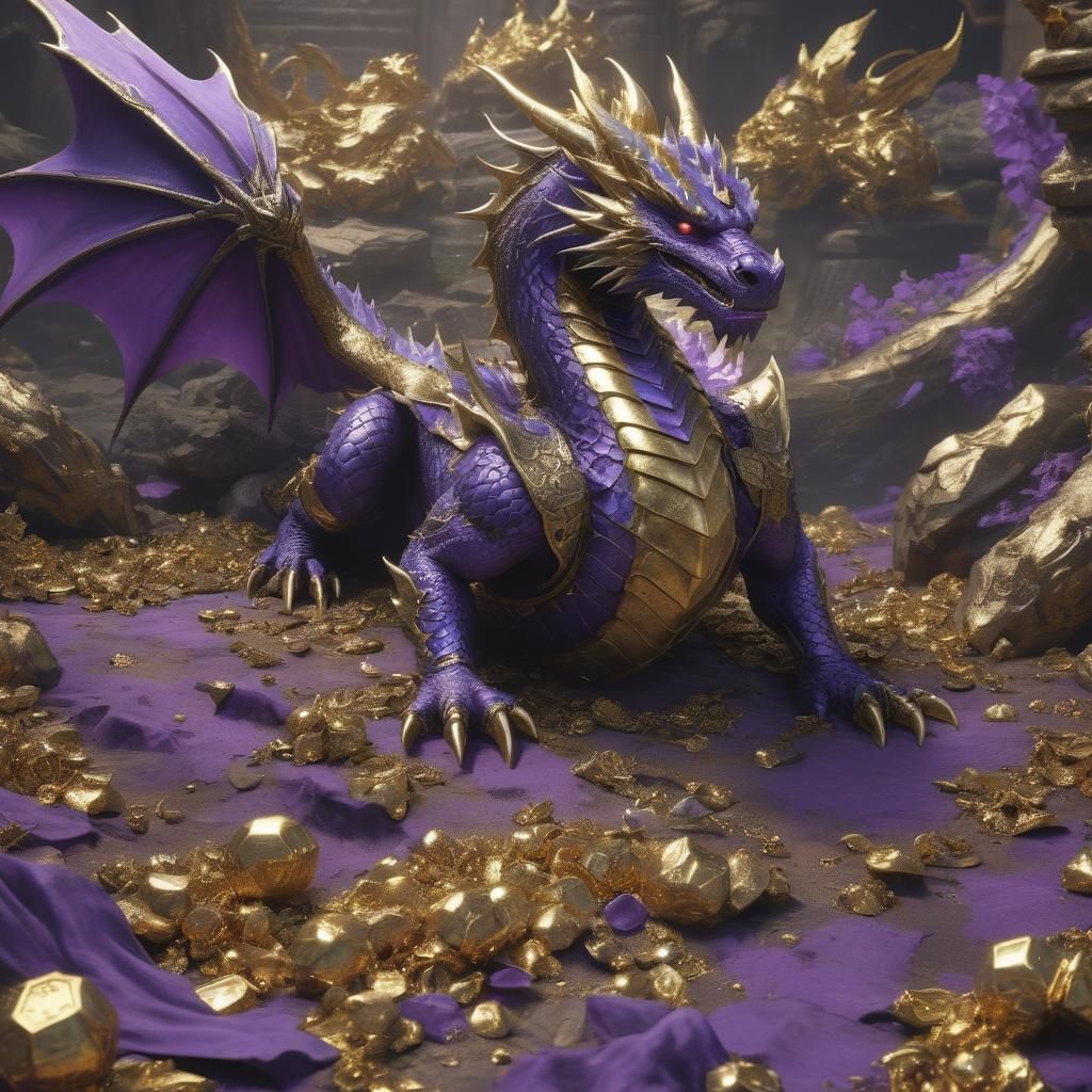 the purple elegant dragon, who loves gold, is lying impressi...