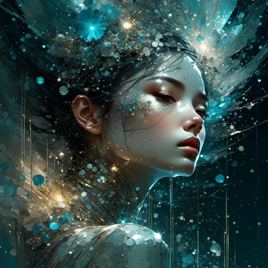 <lora:Make it Sparkle:1.0> "8k; crazed sparkling tiny crystals; image, use of white spectral stunning female in a dream; by Jeremy Mann, Car...