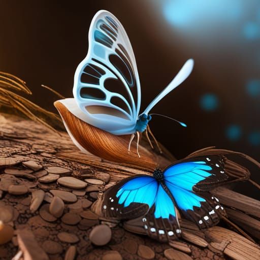 Blue butterfly. White snail