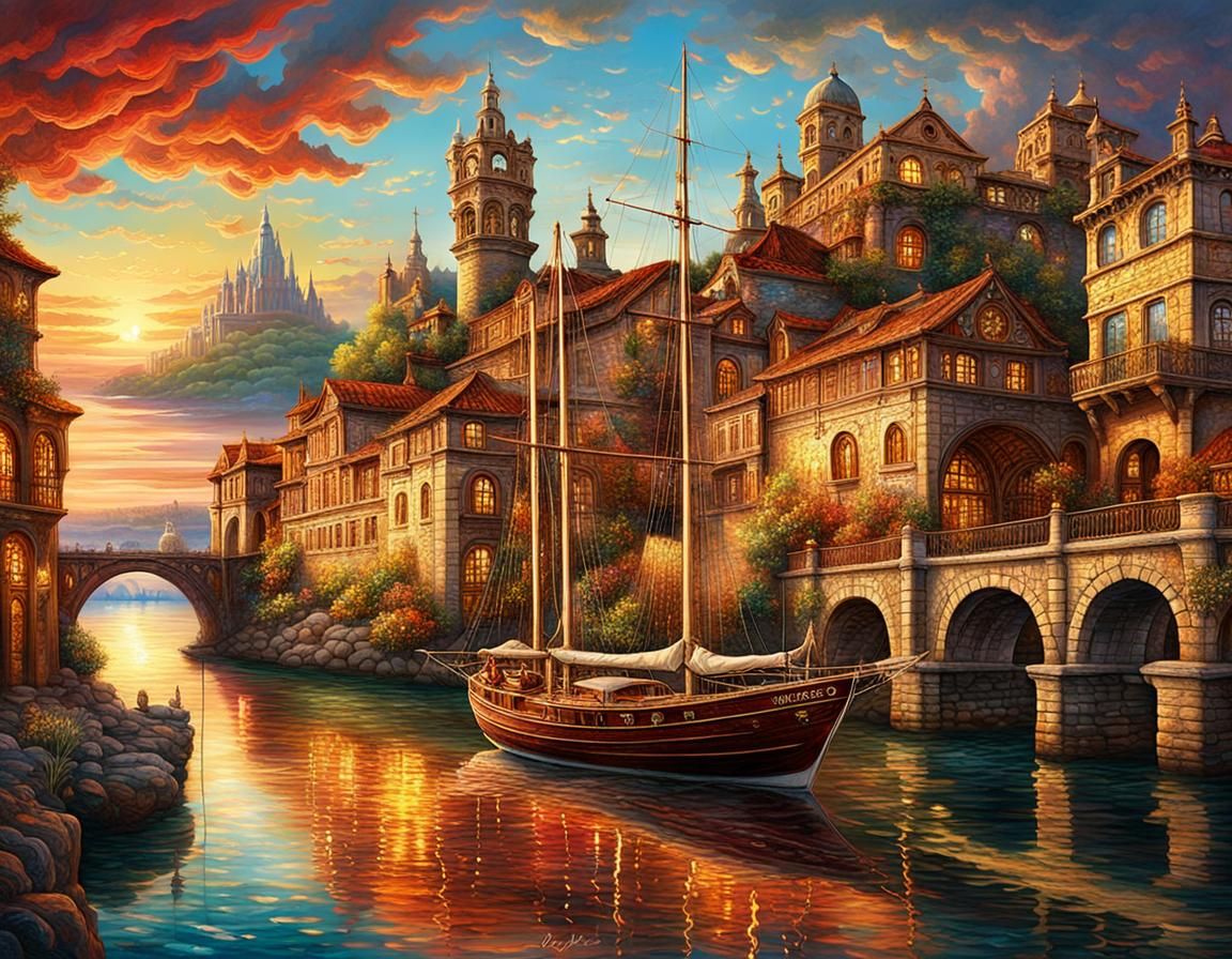 At the end of summer the boat in the water, in the style of hyperrealistic cityscapes, Dutch landscape, ...  by @Adriana