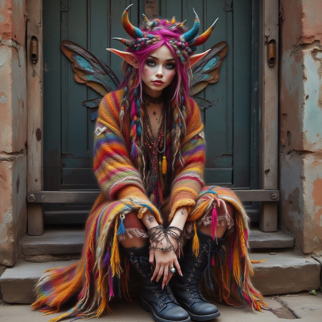 <lora:kak-ModernFairy:1.0>Gypsy fairy wearing a wool colorful oversized poncho and punk boots, sitting against a big door