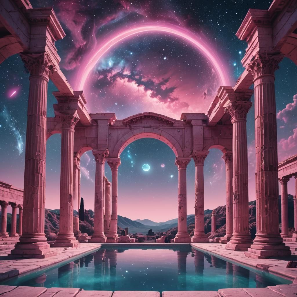A vaporwave style Greek pool with arches and a few pillars with the view of a deep space scape from above