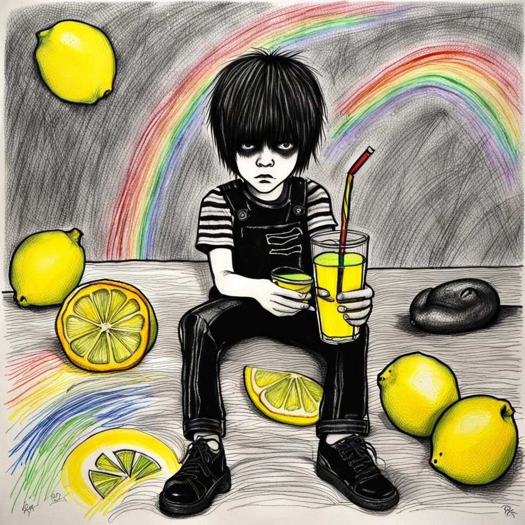 Dying to live outside the box of pain Black EMO Lemonade, Kids Crayon drawings ,surreal child's drawing Of a angry , gloomy, Goth Teenage gi...