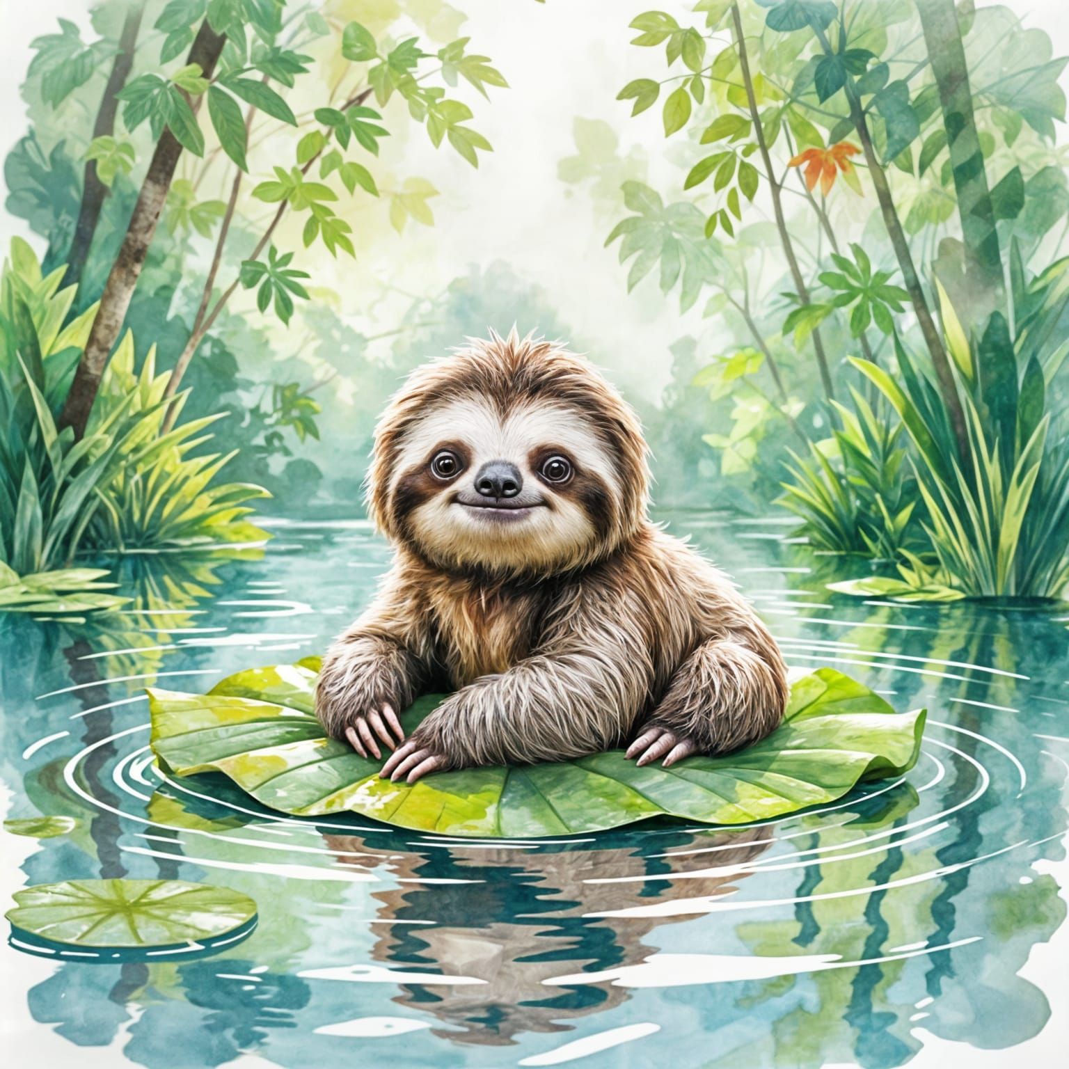  sloth floating on a leaf in a jungle pond