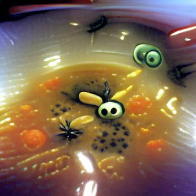 soup with bugs  with eyes in the  bowl